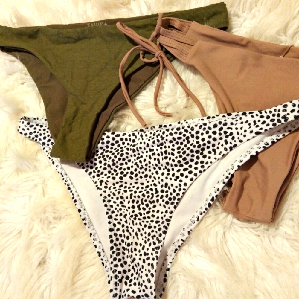 NWOT 3 Pack Bundle of Bikini Bottoms Cheeky Leopard print/ green/ nude